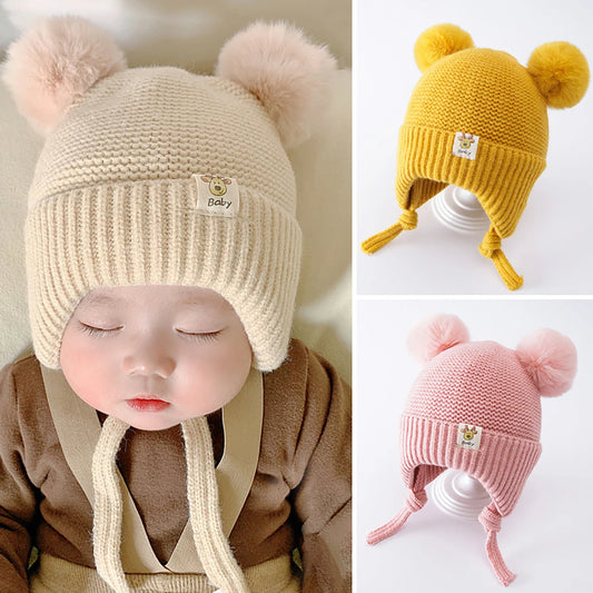 Winter Baby Earflap Hat Warm Thick Knitted Ear Protection Cap for Kids Boy Girl Cute Pompom Cotton Lining Beanie Caps
