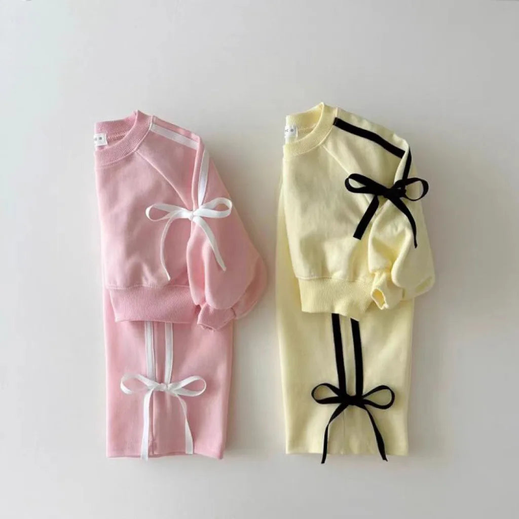 2025 Spring New Children Long Sleeve Sports Set Baby Girl Cute Bow Sweatshirt + Pants 2pcs Suit Toddler Versatile Casual Outfits