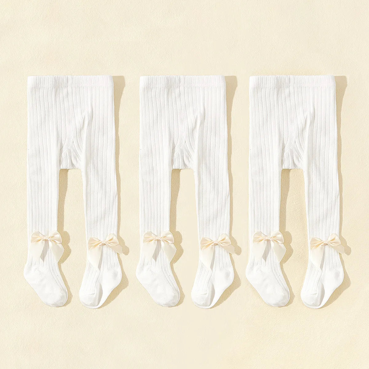 3pcs Baby Girl'S Solid Color Ribbed Knit Tights with Bow Accents Autumn/Winter Infant Leggings, Baby Girl Outfit, Playful Bow