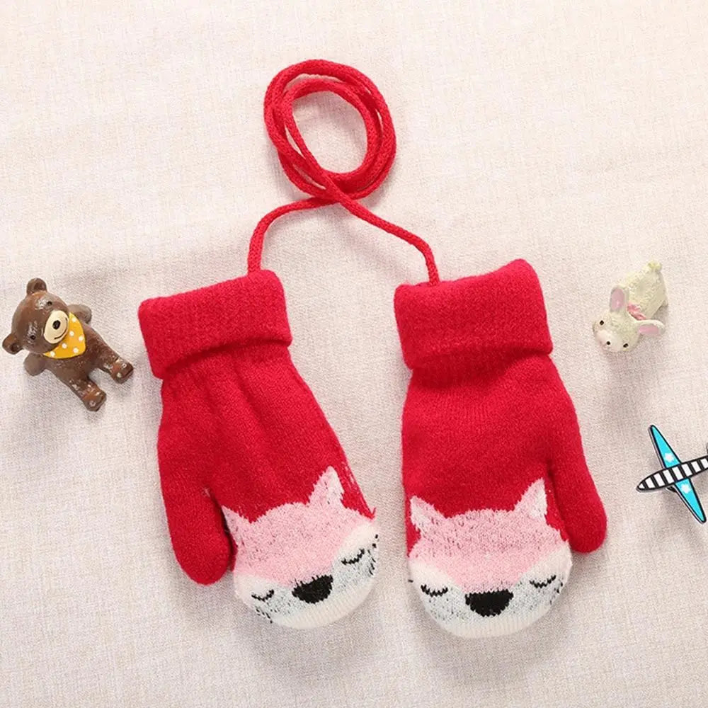 Baby Boys Girls Plush Hanging Neck Knitted Mittens Cute Thick Warm Kids Gloves For 1-3 Years Old