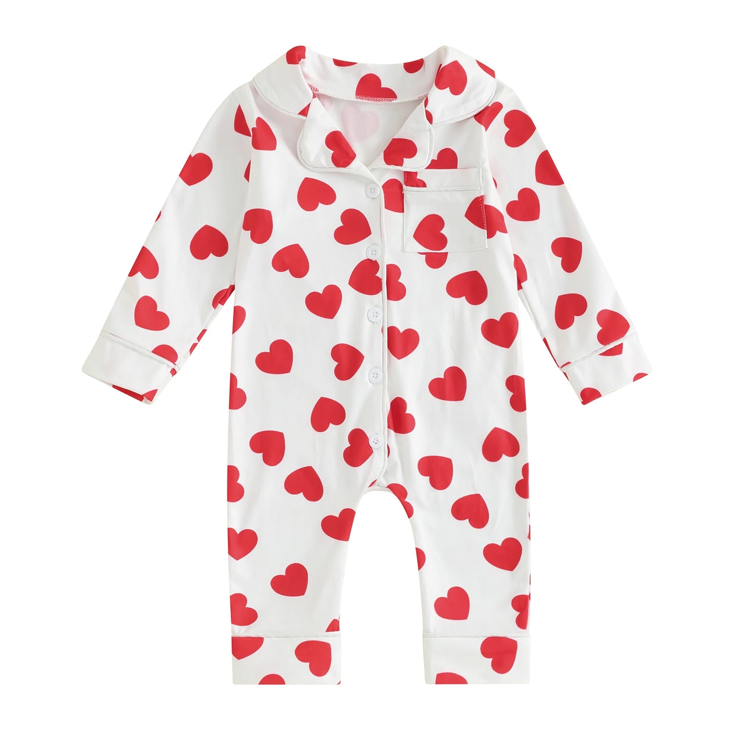 0-24M Baby Pajamas Jumpsuits Heart Print Lapel Button Up Long Sleeve Romper Boys Girls Sleepwear Newborn Infant Clothes Homewear