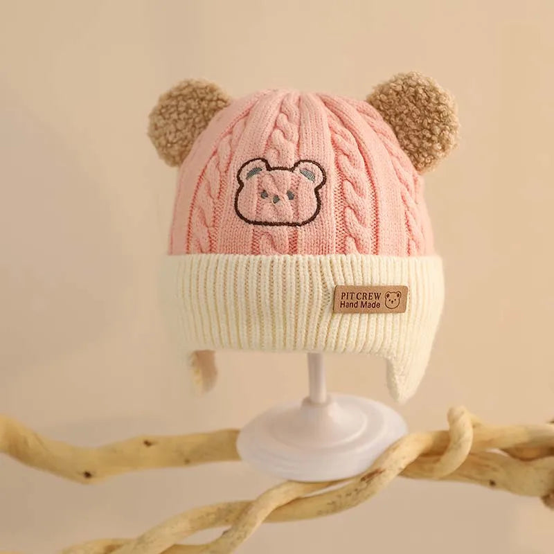 Cute Bear Baby Earmuffs Cap Winter Warm Kids Plush Pullover Hat 6-36Month Toddler Beanies Thicken Velvet Children Crochet Bonnet