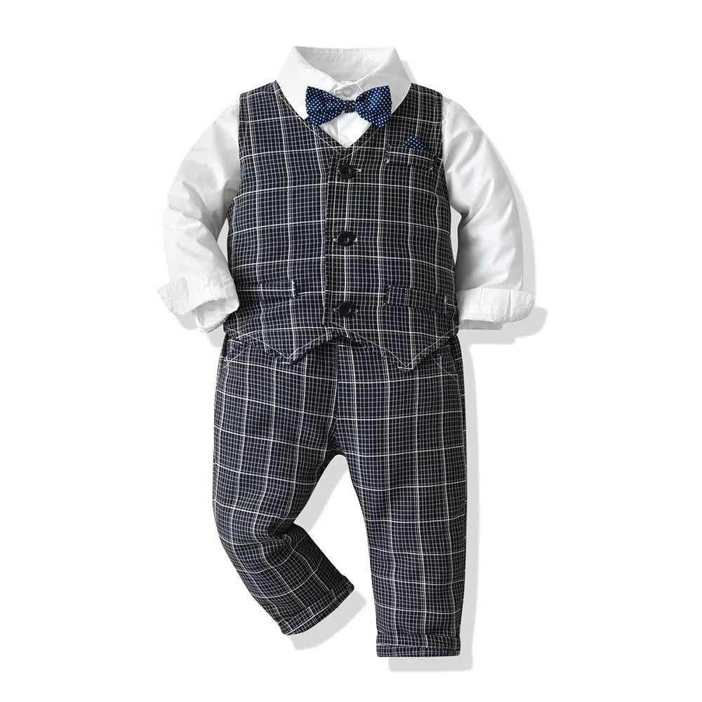 Korean Boy Autumn Plaid Vest+White Shirt+Trousers Suit Children Clothing Baby Boy 2-10 Years Old Suit Kids Boy Clothes 70-130cm