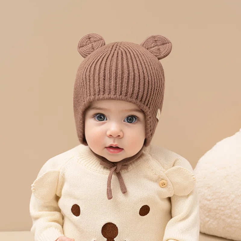 Bear Baby Ear Protection Woolen Cap Solid Color Toddler Beanie Children Knitted Hat 1-4 Years Boy Girl Kids Winter Warm Headgear