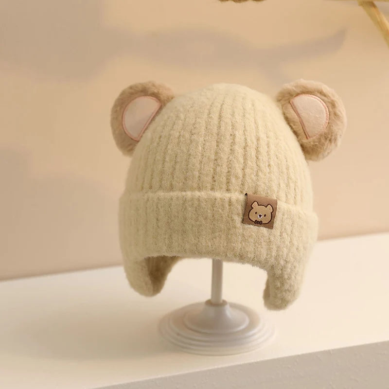 Cute Bear Baby Earmuffs Cap Winter Warm Kids Plush Pullover Hat 6-36Month Toddler Beanies Thicken Velvet Children Crochet Bonnet