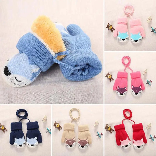 Baby Boys Girls Plush Hanging Neck Knitted Mittens Cute Thick Warm Kids Gloves For 1-3 Years Old