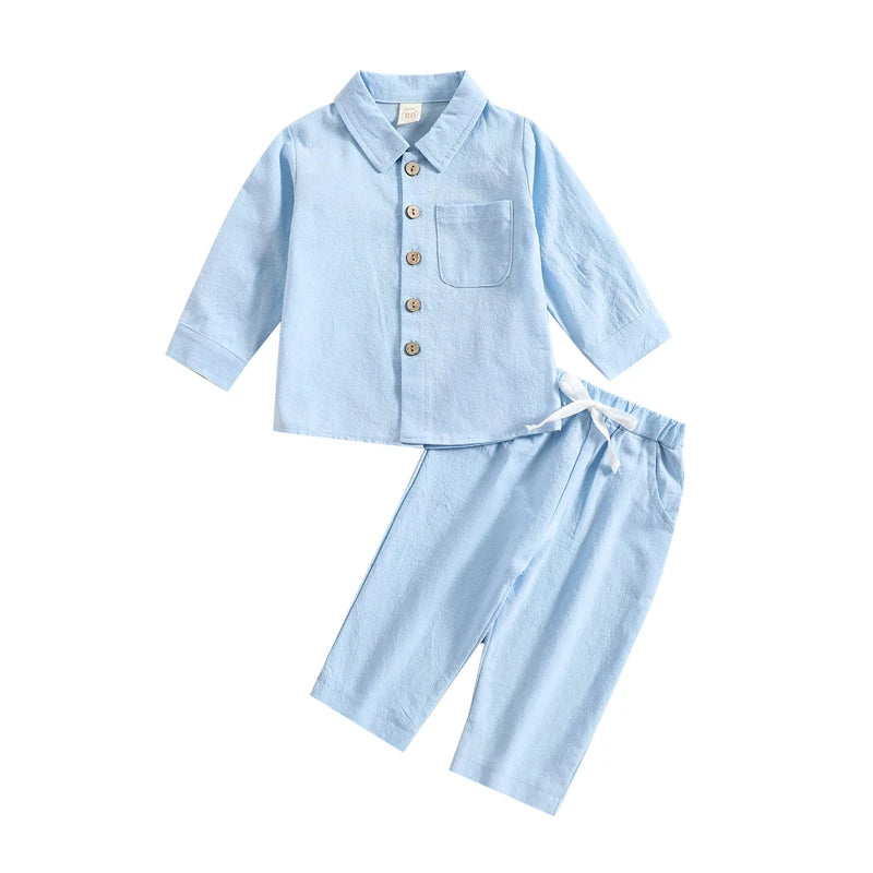 Kids Boys Autumn Clothes Set Solid Color Long Sleeve Button Up Shirt Tops and Elastic Casual Drawstring Pants Outfits