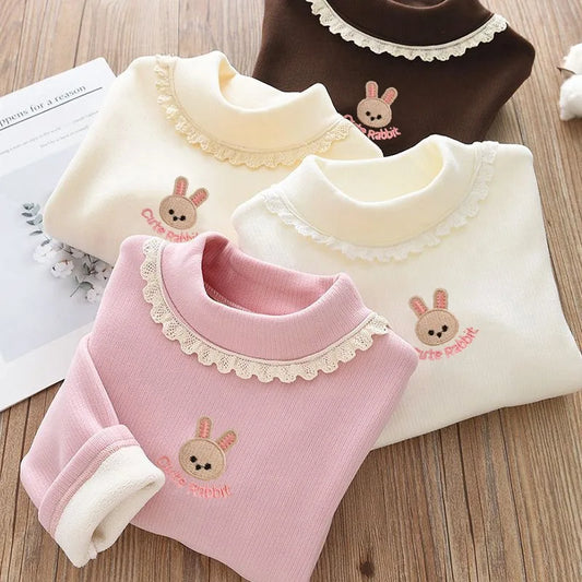 1pcs Children's T-Shirts Rabbit Embroidery Velvet warm top Kids Half High Collar Long Sleeve Base Shirt Girls Tshirts Clothes