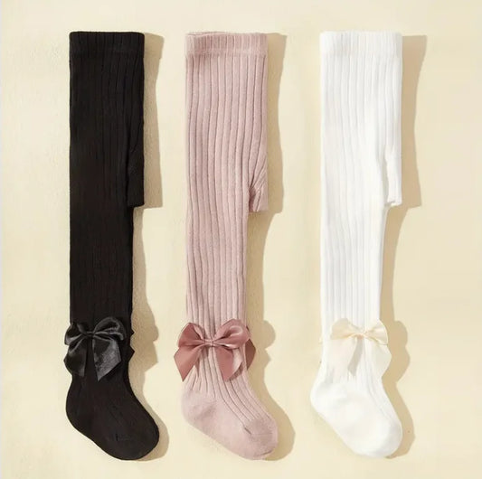 3pcs Baby Girl'S Solid Color Ribbed Knit Tights with Bow Accents Autumn/Winter Infant Leggings, Baby Girl Outfit, Playful Bow