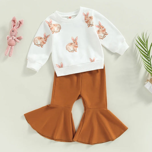 2022-12-01 Lioraitiin 0-4Years Toddler Girls Easter Clothes Set Rabbit Print Long Sleeve Crew Neck Sweatshirts Solid Flare Pant