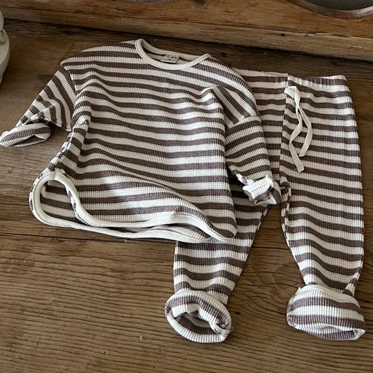 Autumn New Baby Long Sleeve Clothes Set Boys Girls Loose Waffle Tops + Pants 2pcs Suit Infant Toddler Casual Sweatshirt Outfits