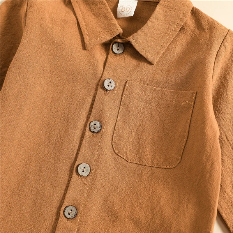 Kids Boys Autumn Clothes Set Solid Color Long Sleeve Button Up Shirt Tops and Elastic Casual Drawstring Pants Outfits