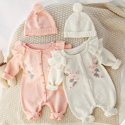 0-24M Baby Girl Rompers Knitted Kids New Spring Autumn Girl Embroidery Flower Rompers + Hat Baby Girl Newborn Rompers Clothes