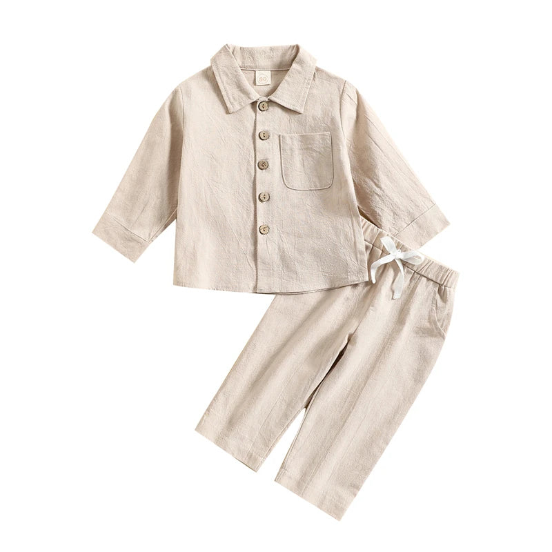 Kids Boys Autumn Clothes Set Solid Color Long Sleeve Button Up Shirt Tops and Elastic Casual Drawstring Pants Outfits