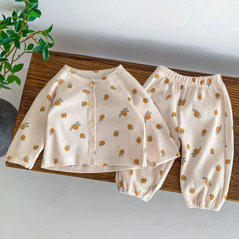 2024 Baby Pajamas Set Loungewear Sleepwear Kids Long Sleeve Boy Girl Breathable Cotton Waffer Top and Bottom Children's Clothes