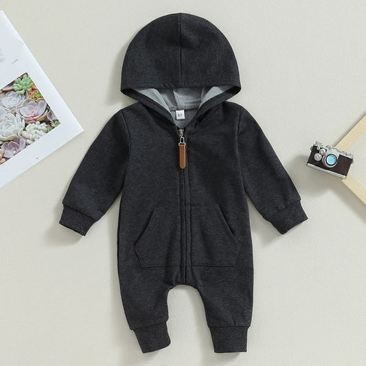 2023-07-19 Lioraitiin 0-12M Newborn Baby Boys Girls Fall Jumpsuits Long Sleeve Solid Zip Up Hooded Rompers Newborn Outfit