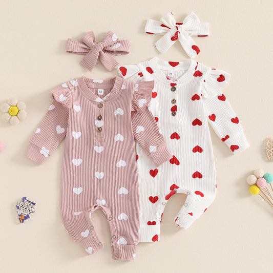 Toddler Girl´s Summer Outfit, Heart Printed pattern Long Fly Sleeves Crew Neck Romper And Bow Knot Headdress 0-18M