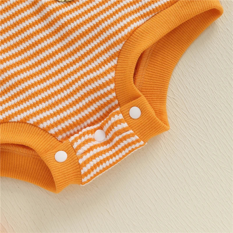 Newborn Baby Girl Halloween Outfit Ghost Pumpkin Pattern Striped Crew Neck Long Sleeve Romper with Headband 2 Pcs Set for Fall