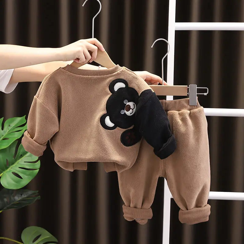 Autumn Winter Kids Girls Clothing Sets Kids Cartoon Bear Casual 2pcs/set Hooded Velvet Children's Sports Suits Clothes 0-5 Years