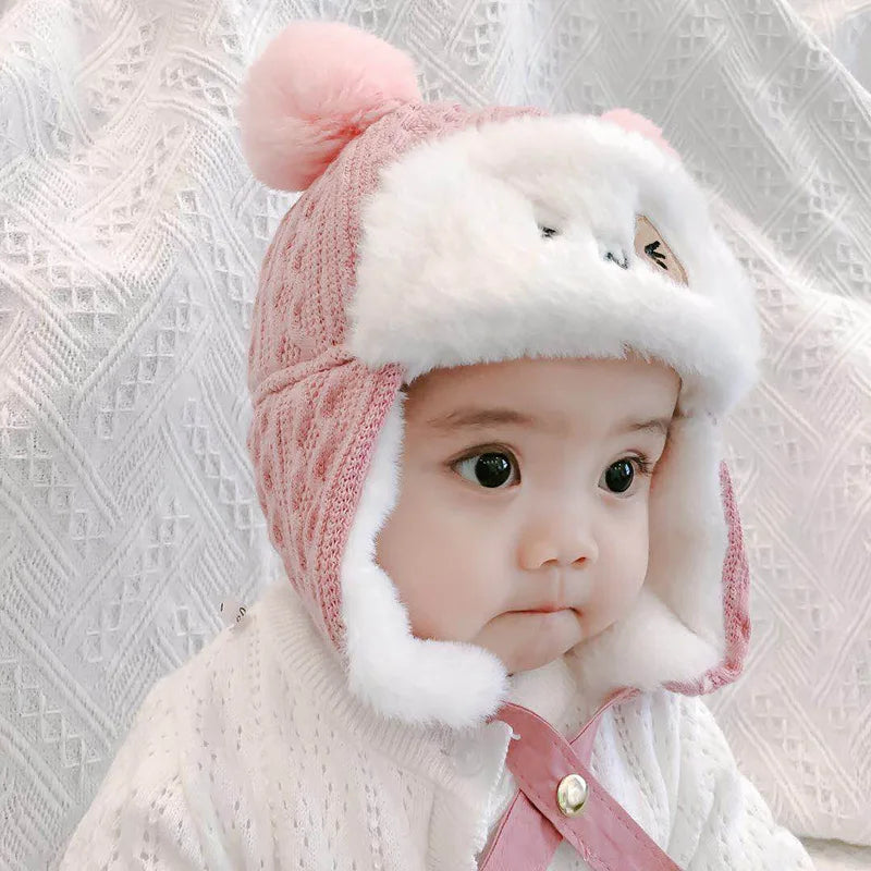 Cute Baby Plush Hat Autumn Winter Warm Cap Infant Boys Girls Bonnet Cartoon Solid Kids Warm Earflap Hat Toddler Accessories