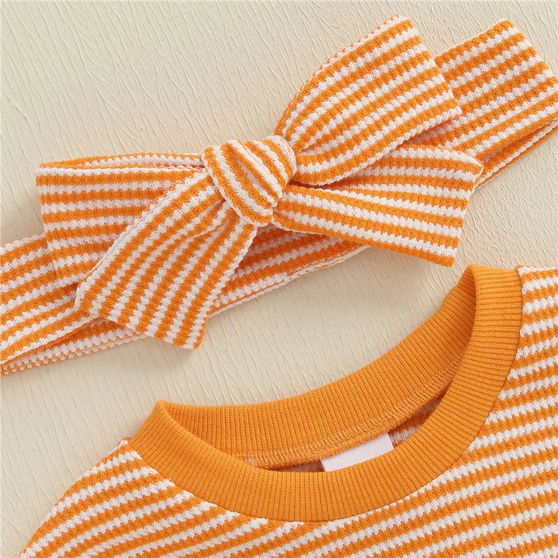 Newborn Baby Girl Halloween Outfit Ghost Pumpkin Pattern Striped Crew Neck Long Sleeve Romper with Headband 2 Pcs Set for Fall