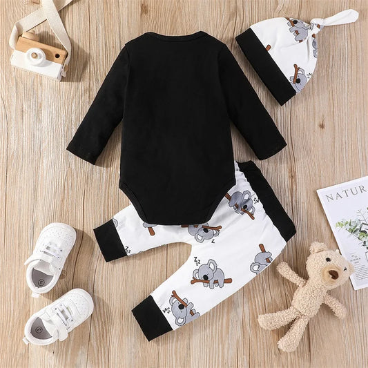 Pudcoco Infant Newborn Baby Boys Outfits Koala Long Sleeve Crew Neck Romper Elastic Waist Long Pants Hat 3Pcs Clothes Set 0-18M