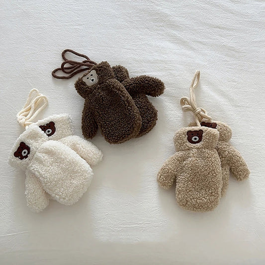 Cute Plush Baby Gloves Korean Bear Embroidered Toddler Mittens Winter Thick Warm Cashmere Kids Full Finger Gloves