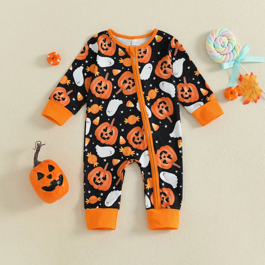 Baby Boys Halloween Zipper Jumpsuit Long Sleeve Crewneck Ghost Pumpkin Print Romper