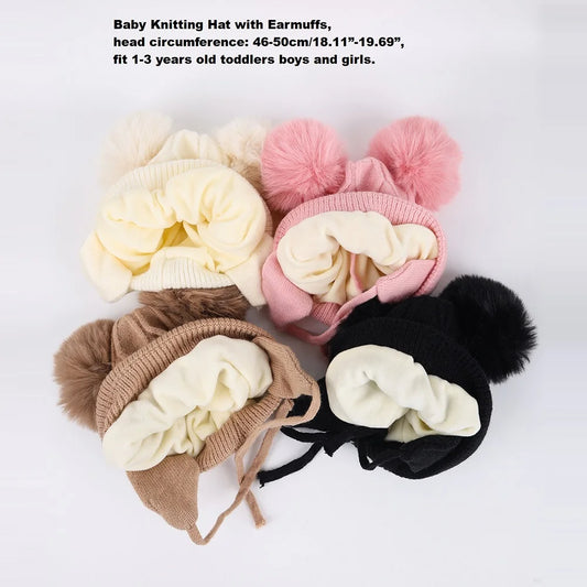 New Autumn Winter Double Ball Knitted Baby Hat for Girls Boys Baby Straps Bonnet with Earmuffs Outdoor Kids Ear Protection Hat