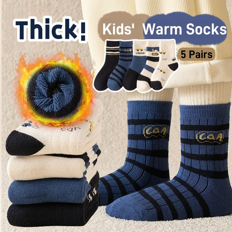 Children's Winter Socks Thick Thermal Terry Socks 5 Pairs/bag Kids Boys Thicken Cotton Socks Mid-calf Warm Socks