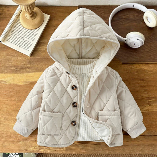 Baby Boys Cotton-Padded Jacket Cardigan Solid Casual Hooded Coat Clothing 2025 Winter New Style Jacket Thicken Warm 1-3Y