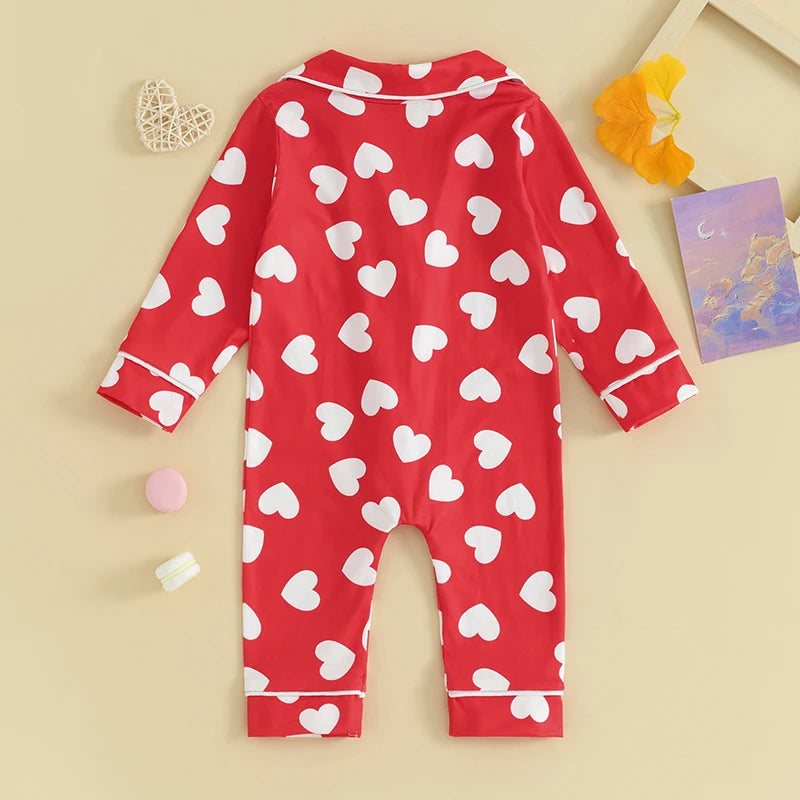 0-24M Baby Pajamas Jumpsuits Heart Print Lapel Button Up Long Sleeve Romper Boys Girls Sleepwear Newborn Infant Clothes Homewear