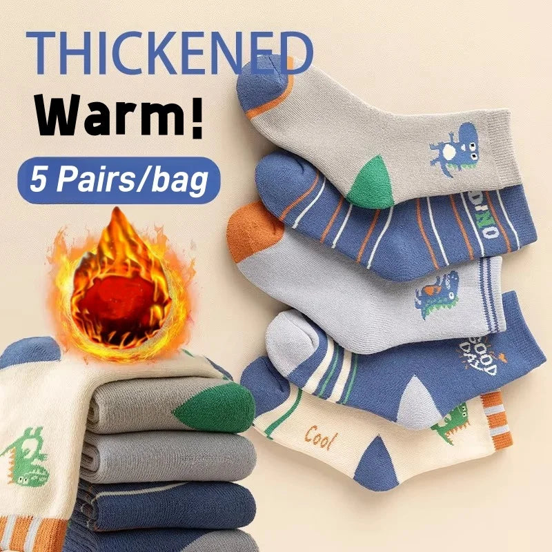 Children's Winter Socks Thick Thermal Terry Socks 5 Pairs/bag Kids Boys Thicken Cotton Socks Mid-calf Warm Socks