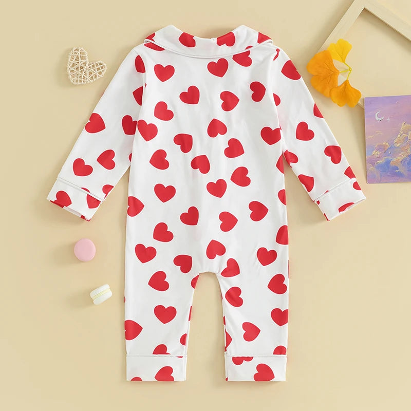 0-24M Baby Pajamas Jumpsuits Heart Print Lapel Button Up Long Sleeve Romper Boys Girls Sleepwear Newborn Infant Clothes Homewear