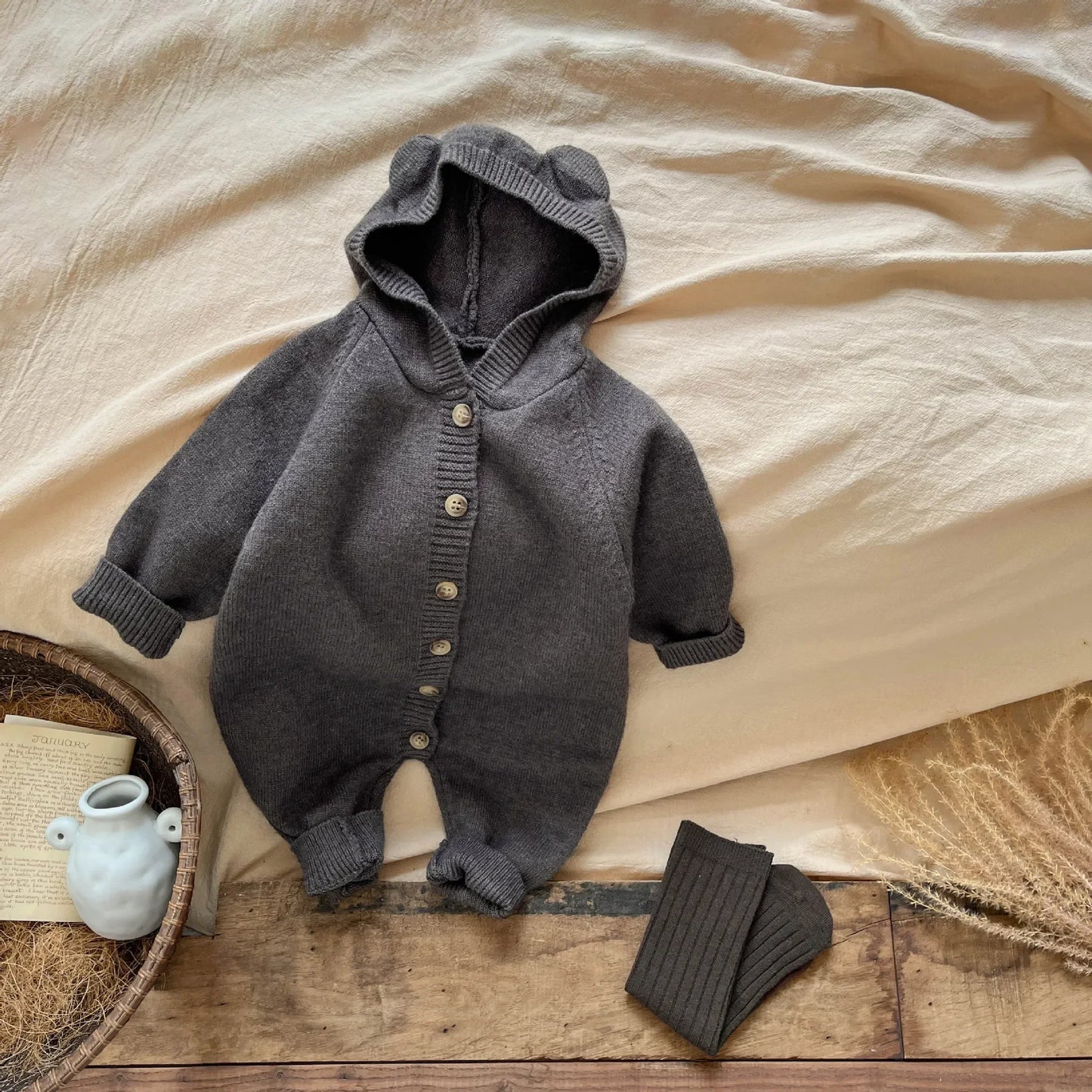 4621 Baby Clothes 2024 Autumn Knitted Cartoon Boy's Jumpsuit Cute Rabbit Ear Girl's Climbing Clothes
