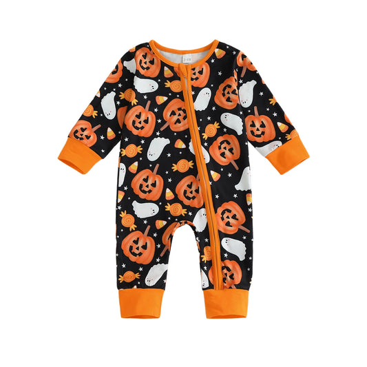 Baby Boys Halloween Zipper Jumpsuit Long Sleeve Crewneck Ghost Pumpkin Print Romper