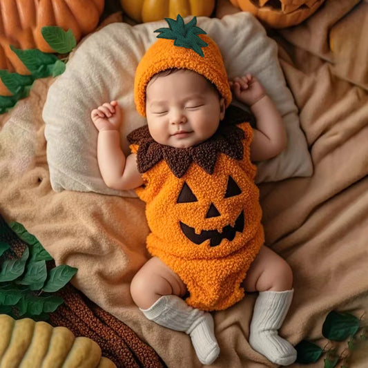 Newborn Baby Boy Girl Halloween Costume Pumpkin Ghost Face Embroidery Romper Hat Infant Halloween Pumpkin Photography Clothes