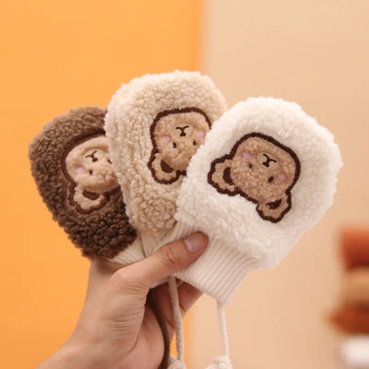Lamb Fleece Baby Plush Mittens Cute Bear Kids Hanging Neck Glove 1-4Year Boy Girl Children Winter Full Finger Gloves Hand Warmer