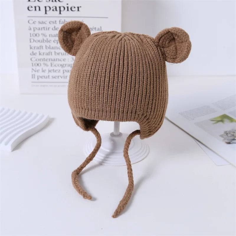 Bear Baby Ear Protection Woolen Cap Solid Color Toddler Beanie Children Knitted Hat 1-4 Years Boy Girl Kids Winter Warm Headgear