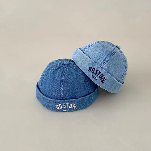 Korean Denim Melon Capfor Baby Hip Hop Letter Embroidered Brimless Hat Adjustable Kids Landlord Hats Retro Dome Docker Beanies