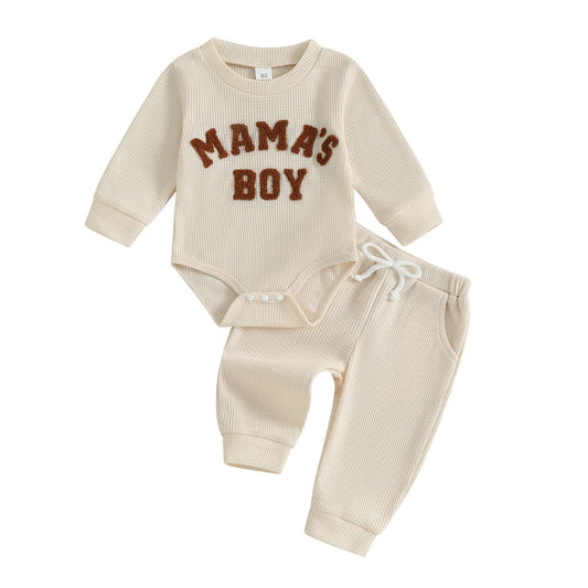 Baby Boy Fall Outfit Letter Embroidered Long Sleeve Romper Solid Elastic Waist Pants 2 Piece Set