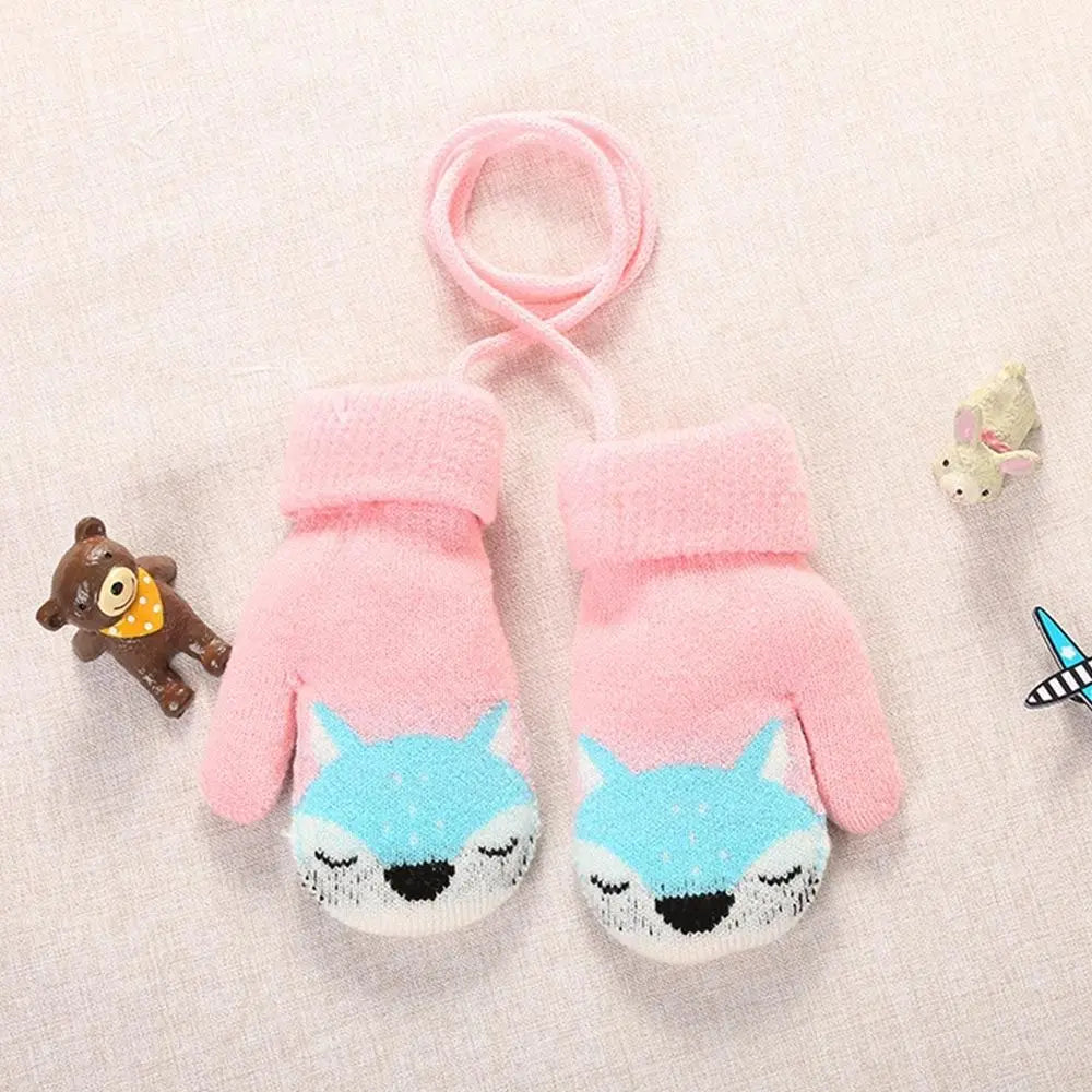 Baby Boys Girls Plush Hanging Neck Knitted Mittens Cute Thick Warm Kids Gloves For 1-3 Years Old