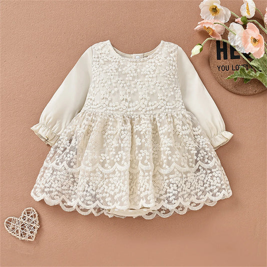 Kid Infant Baby Girl Romper Dress, Long Sleeve Round Neck Patchwork High Waist Lace Floral Party Dress 0-18M