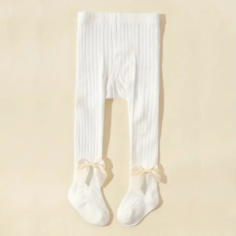 3pcs Baby Girl'S Solid Color Ribbed Knit Tights with Bow Accents Autumn/Winter Infant Leggings, Baby Girl Outfit, Playful Bow