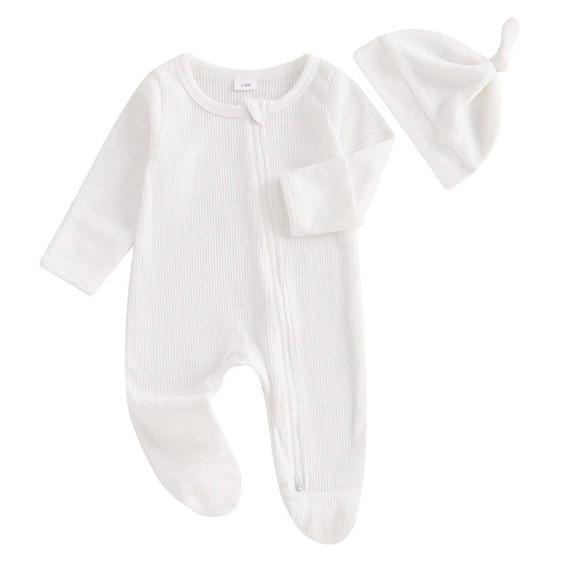 Newborn Baby Fall Footed Romper Solid Color Waffle Long Sleeve Crew Neck Zipper Jumpsuit with Hat