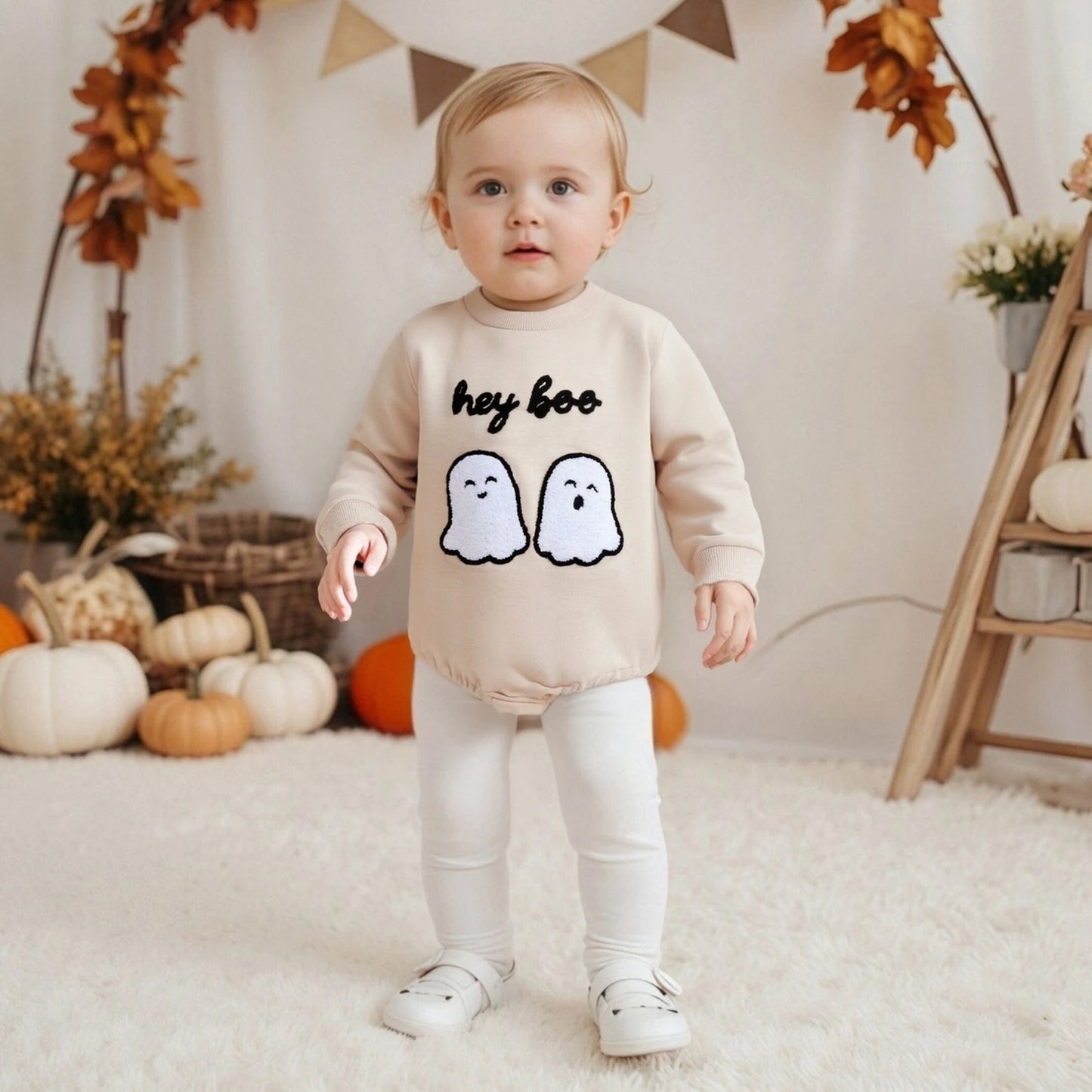 0-18M Newborn Baby Halloween Romper Letter Ghost Embroidered Crew Neck Long Sleeve Jumpsuit for Fall