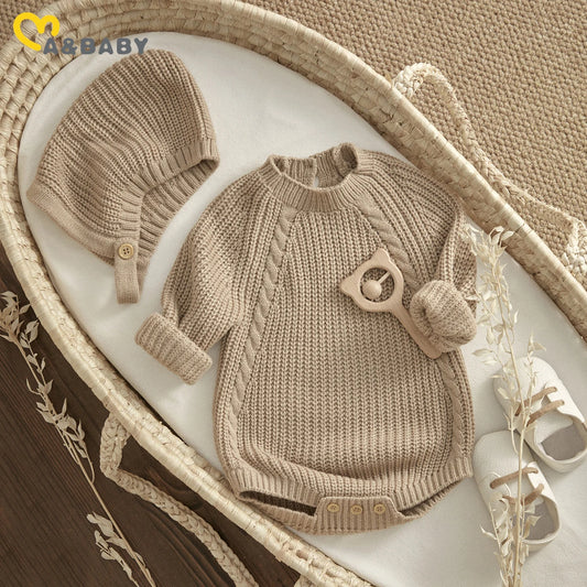 ma&baby 0-18M Newborn Infant Toddler Baby Girl Boy Rompers Warm Knit Jumpsuit Long Sleeve Soft Outfits + Hats Clothing