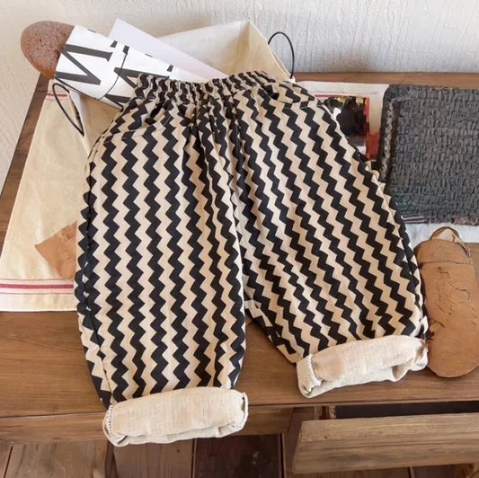 2025 Autumn Kids Zigzag Stripe Wide Leg Pants Elastic Waist Baggy Trousers with Pockets 2-7Y Boys Girls Casual Clothes