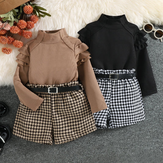 2022-08-15 Lioraitiin 0-6Years Toddler Girl Autumn Clothes Ruffled Long Sleeve High Neck Ribbed Houndstooth Print Shorts Belt
