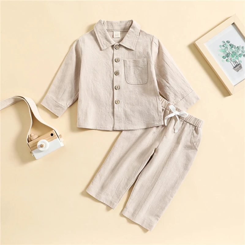 Kids Boys Autumn Clothes Set Solid Color Long Sleeve Button Up Shirt Tops and Elastic Casual Drawstring Pants Outfits